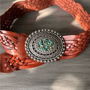Boston Proper Woven Leather Belt with Silver and Turquoise Buckle